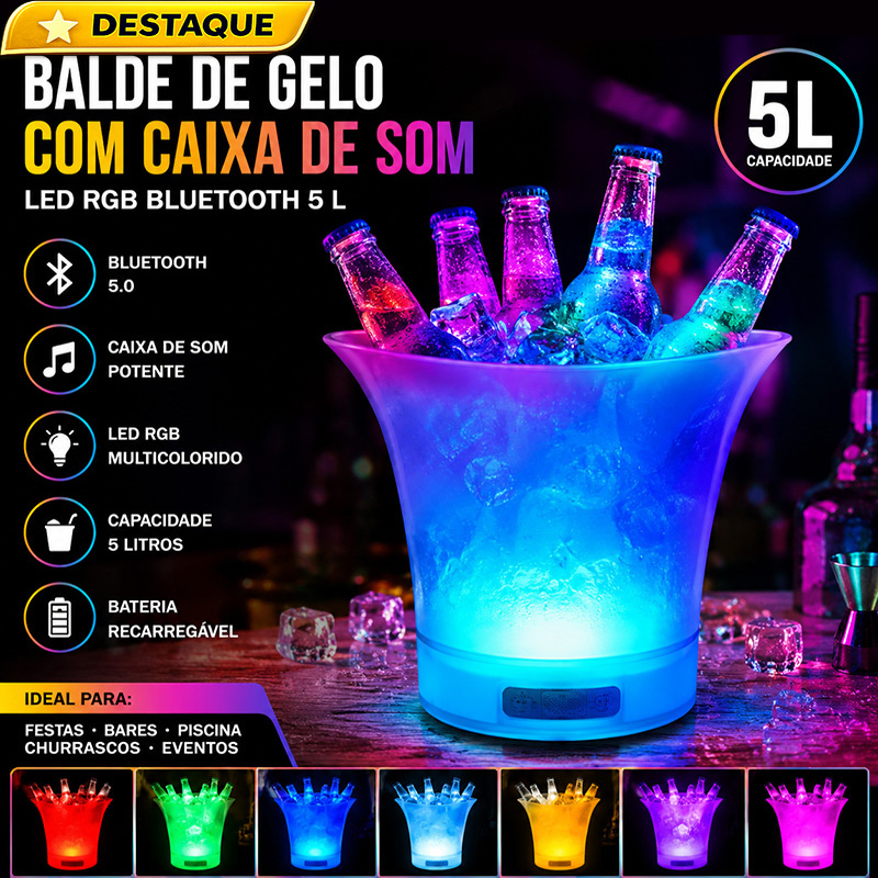 Balde de Gelo com Caixa de Som Bluetooth LED RGB 5 Litros ⭐