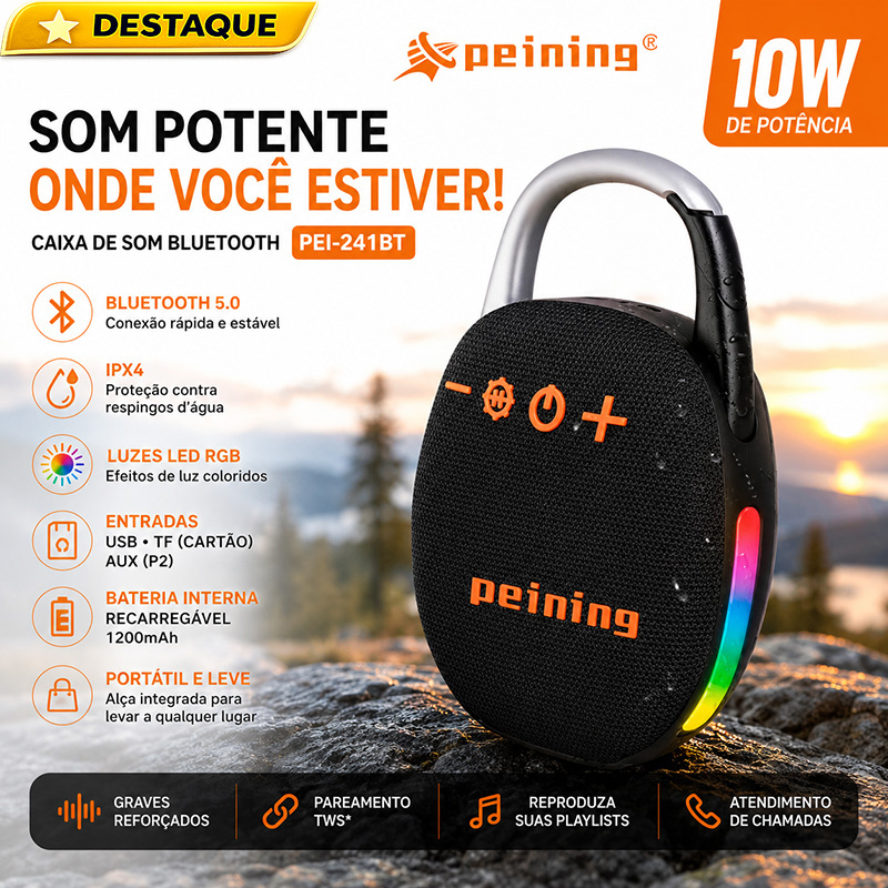 Caixa de Som Bluetooth Peining 10W - Resistente à Água ⭐