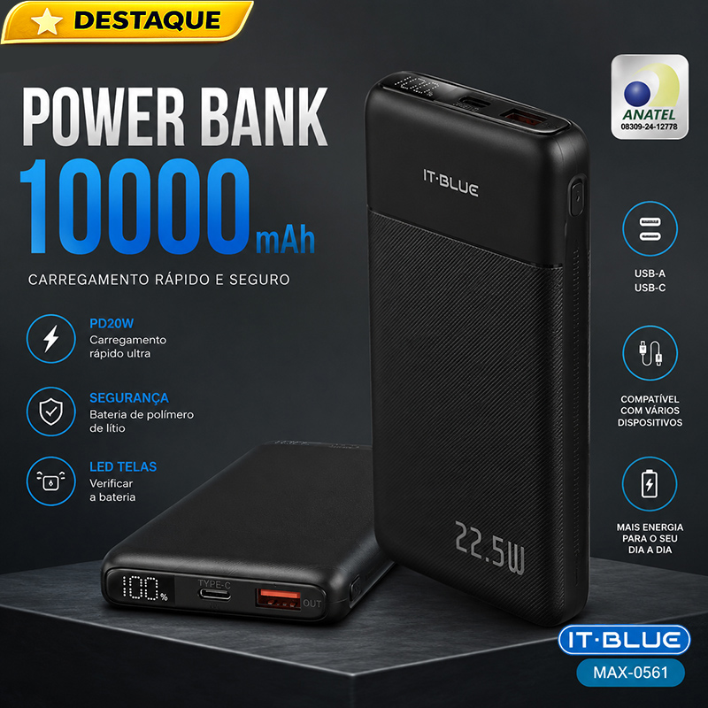 Power Bank IT-BLUE 10.000mAh | Carregamento Turbo PD20W⭐