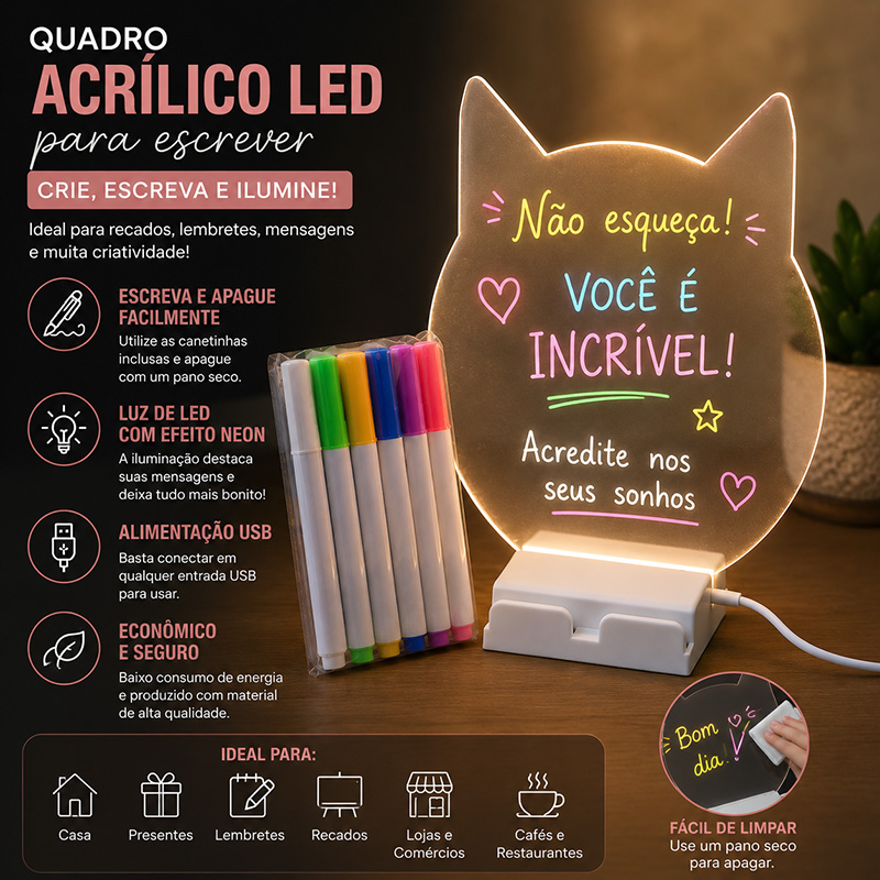 Quadro Acrílico LED para Recados – Gatinho